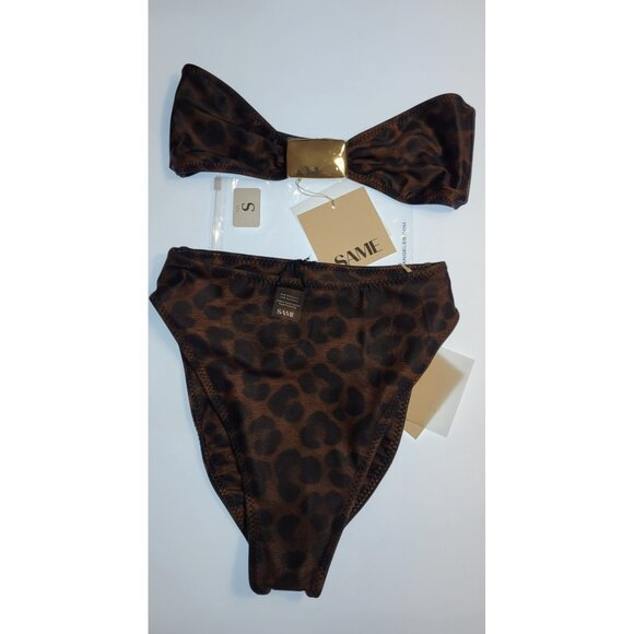 SAME LOS ANGELES BIKINY WOMENS Knotted Top /High Weist Bootom S 90's Brown Print - Picture 1 of 8